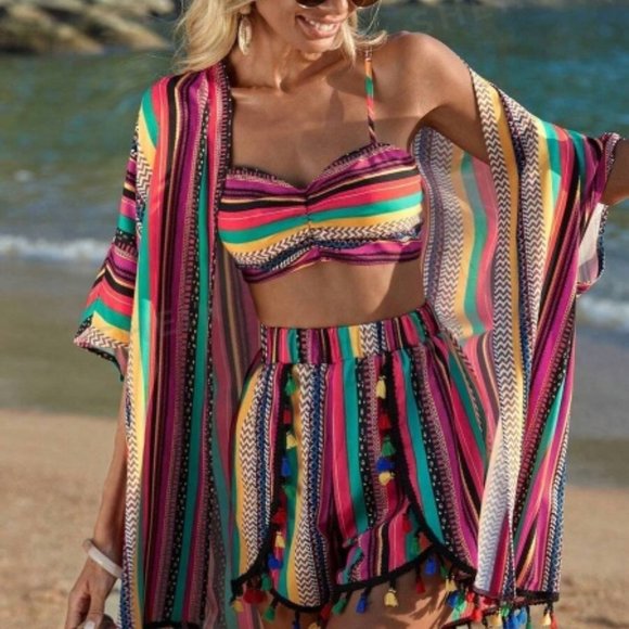 Boho Cami Top Tassel Trim Shorts Kimono